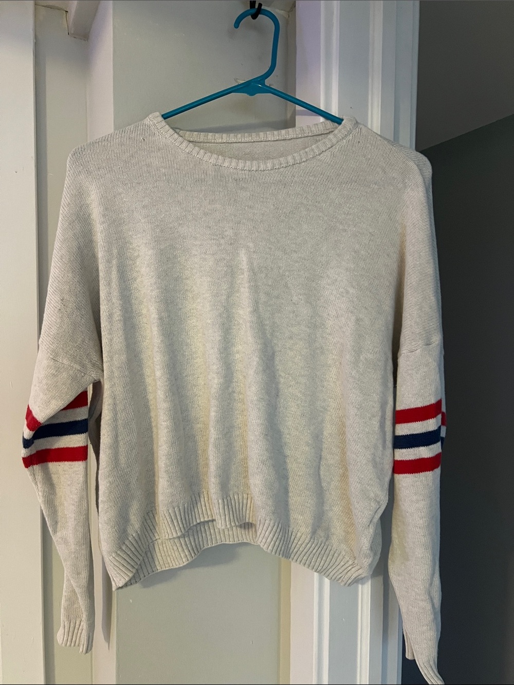 Women's Cream Crewneck Sweater with Red & Navy Sleeve Stripes